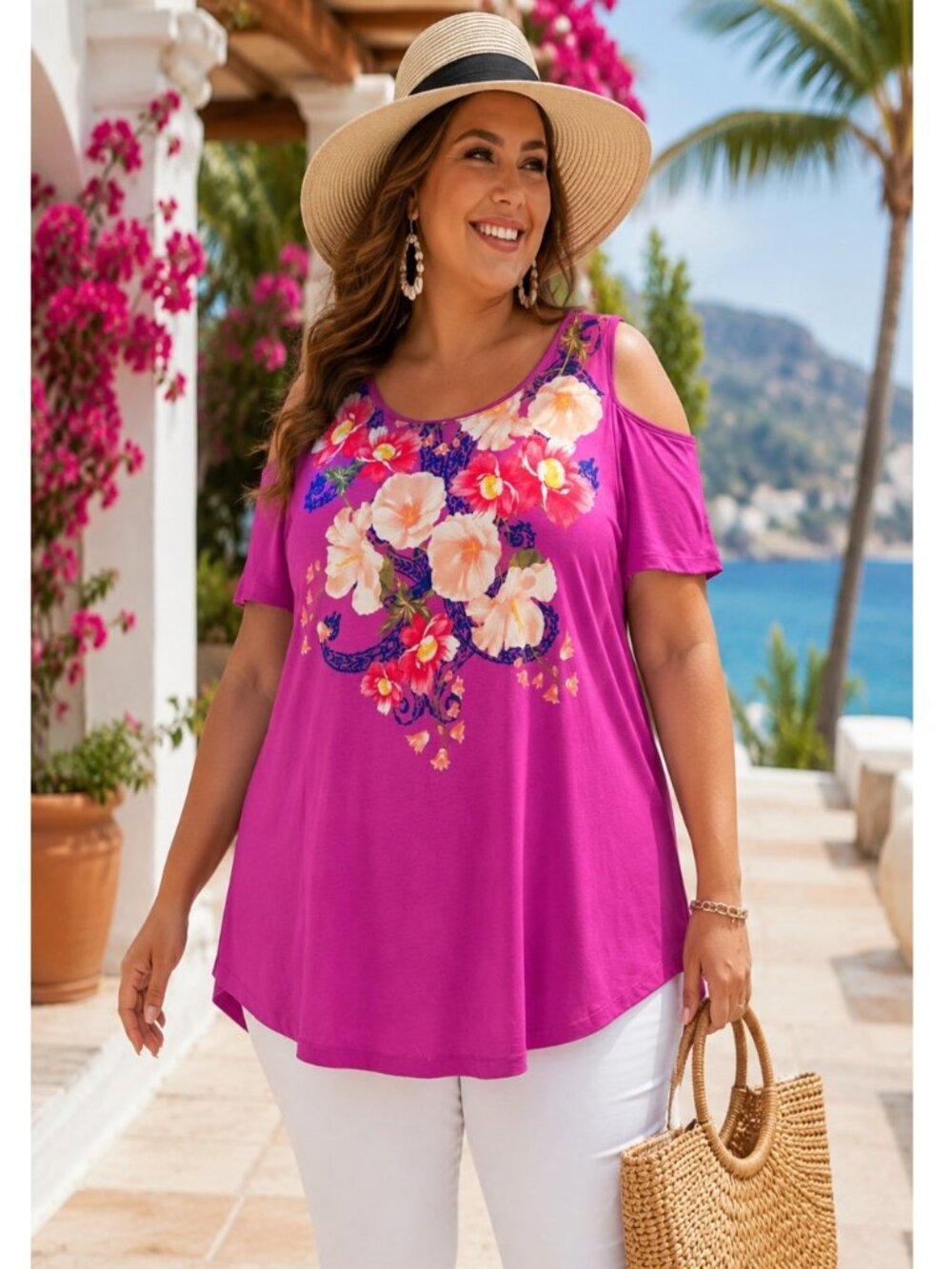 JM Collection Cold Shoulder Top Vibrant Floral Fuchsia Pink Blouse NWT Sz 2XL